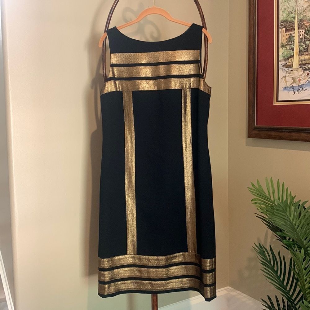 Tory Burch Black and Gold Striped Midi Dress